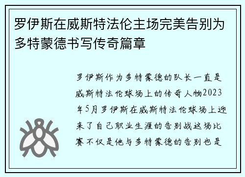罗伊斯在威斯特法伦主场完美告别为多特蒙德书写传奇篇章
