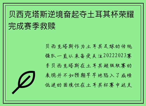 贝西克塔斯逆境奋起夺土耳其杯荣耀完成赛季救赎
